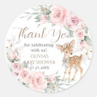 Sticker Rond Faveur de Baby Shower Fleur Rose Pâle Cerf Doux