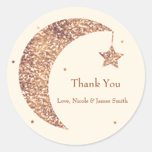 Sticker Rond Faveur de Baby Shower Lune & Étoiles Crème Bronze