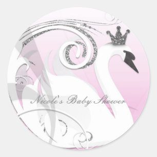 Sticker Rond Faveur de Baby Shower Princesse Cygne Argent Rose