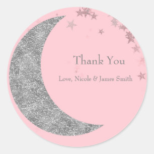 Sticker Rond Faveur de Baby Shower Rose Lune et Étoiles Argenté