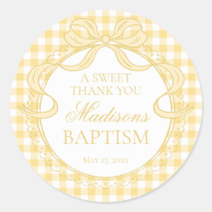 Sticker Rond Faveur de baptême à nœud papillon gingham jaune co