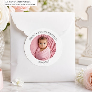 Sticker Rond Faveur de baptême de fille avec photo spéciale