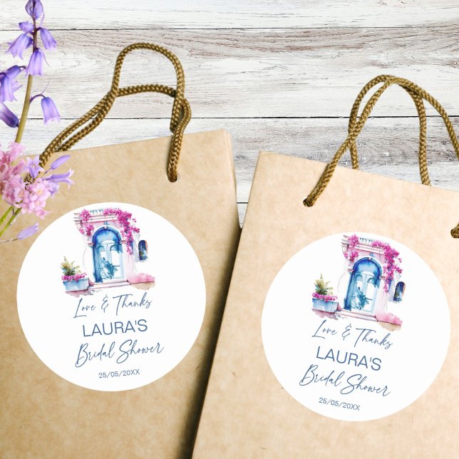 Sticker Rond Faveur de douche nuptiale méditerranéenne Bougainv (Bougainvillea Mediterranean themed bridal shower thank you favor Sticker bridal shower favors pink)