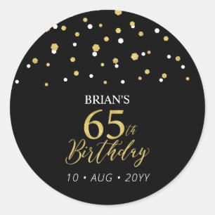 Sticker Rond Faveur de fête d'anniversaire 65 ans confettis Or
