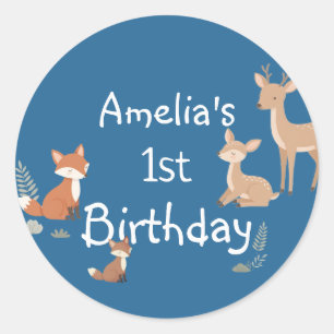 Sticker Rond Faveur de fête d'anniversaire d'animal de la forêt