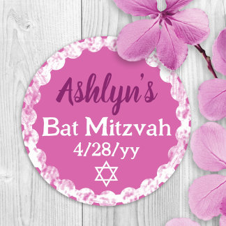 Sticker Rond Faveur de fête de Bat Mitzvah personnalisée Rose B