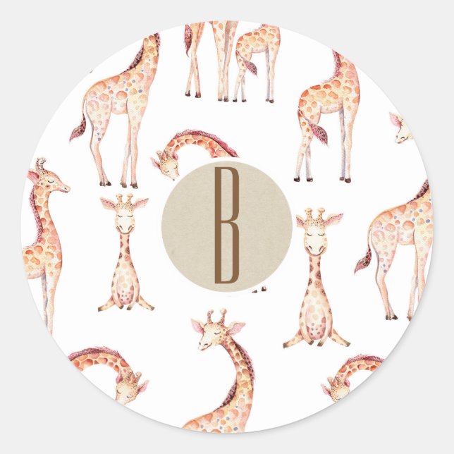 Sticker Rond Faveur de fête de monogramme de bébé girafes bronz (Devant)