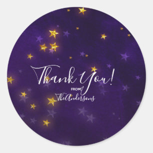 Sticker Rond Faveur de fête Étoiles brillantes d'or violet