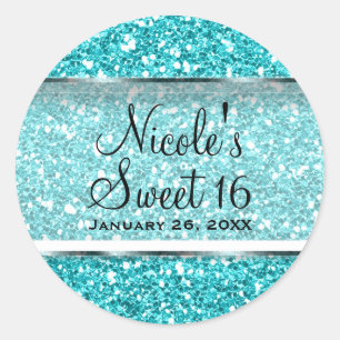 Sticker Rond Faveur de fête personnalisée Aqua Blue Glitter Gla