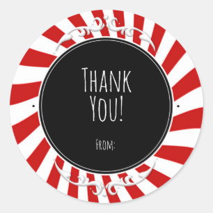 Sticker Rond Faveur de fête rayures ludiques rouge et blanc