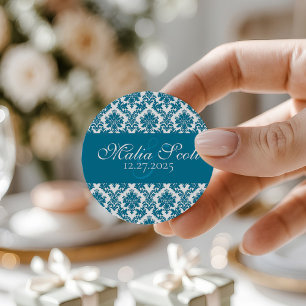 Sticker Rond Faveur de mariage élégante en damas sarcelle blanc
