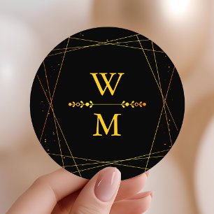 Sticker Rond Faveur de mariage géométrique noir et or monogramm