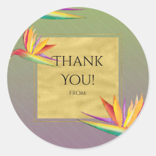 Sticker Rond Faveur de mariage or violet et vert Bird of Paradi