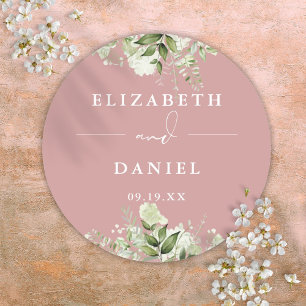 Sticker Rond Faveur de mariage rose poussiéreuse de verdure flo