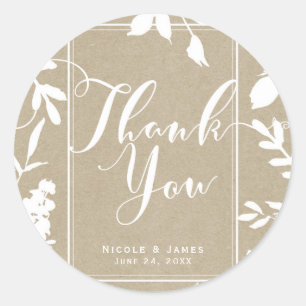 Sticker Rond Faveur de mariage simple feuilles botaniques blanc