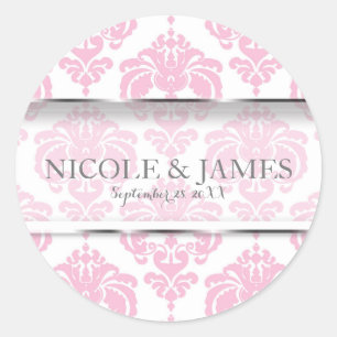 Sticker Rond Faveur de mariage vintage damassé rose et blanc