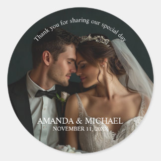 Sticker Rond Faveur de photo personnalisée avec noms et date de