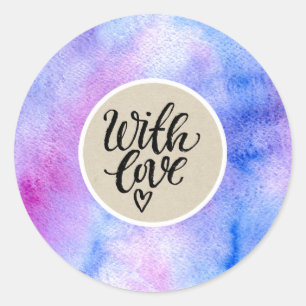 Sticker Rond Faveur Kraft Aquarelle Rose Violet Avec Amour