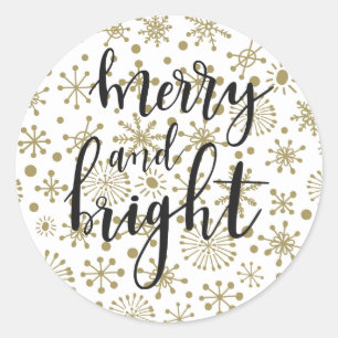 Sticker Rond Faveur MERRY & BRIGHT flocons de neige rétro or et