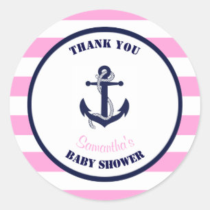 Sticker Rond Faveurs nautiques roses de Merci de baby shower de