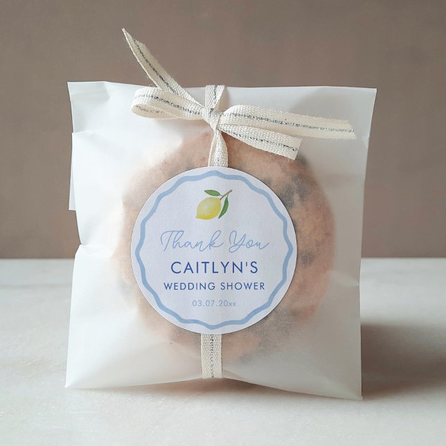 Sticker Rond Favor Boho Vague Citron Lemon Mariage Fête (Boho pale blue wavy border with watercolor lemon circular favor thank you sticker)