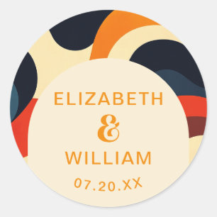 Sticker Rond Favor de mariage bohème ondulé rétro coloré Groovy