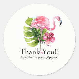 Sticker Rond Favor de mariage Flamant Rose à feuilles tropicale