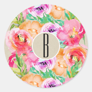 Sticker Rond Favori Chic Kraft Aquarelle Florale Clair Moderne