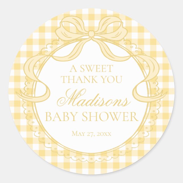 Sticker Rond Favori de Baby Shower Ruban à Carreaux Jaune Coque (Devant)
