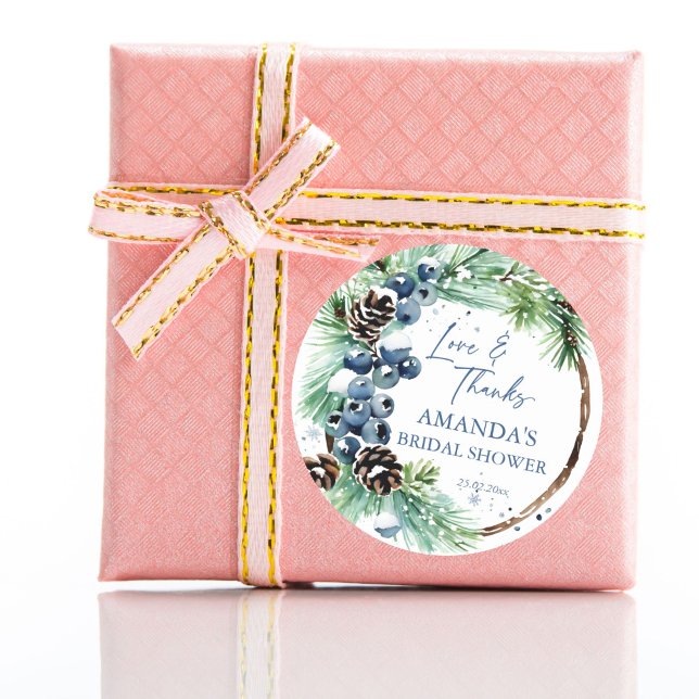 Sticker Rond Favori de couronne de pins aquarelle pour douche d (Winter bridal shower watercolor pines wreath favor sticker winter blue berries thank you stickers)