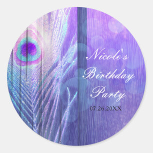 Sticker Rond Favori de fête Bohème Glamour Violet Plume de Paon
