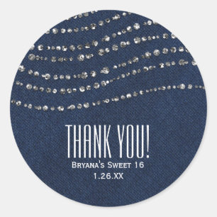 Sticker Rond Favori de fête Paillettes Denim & Diamants Bleus