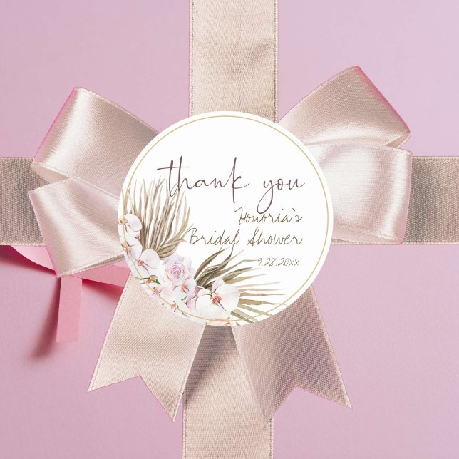 Sticker Rond Favori de fleurs séchées Boho Orchidée Rose  (Boho foliage and pale pink orchids for a modern bridal shower sticker label)