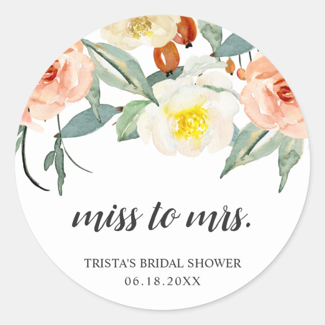 Sticker Rond Favori de mariage floral Miss to Mrs Peach (Devant)