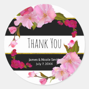 Sticker Rond Favori de mariage floral rose rayé noir et blanc