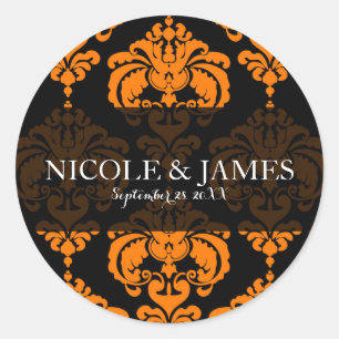 Sticker Rond Favori de mariage vintage damas noir orange