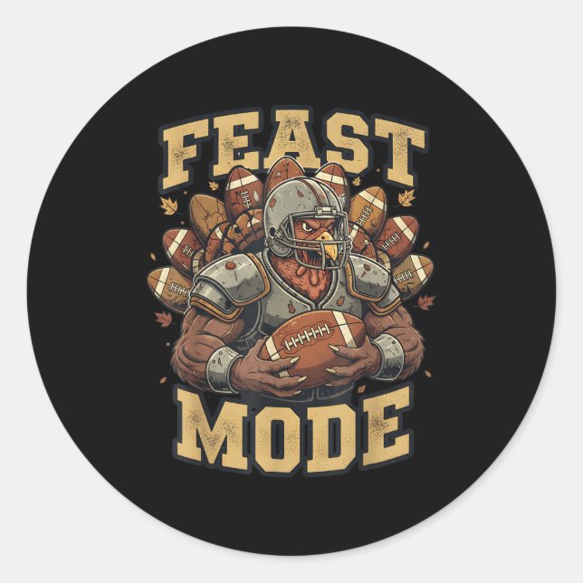 Sticker Rond Feast Mode Turkey Football Thanksgiving Funny Vint (Devant)