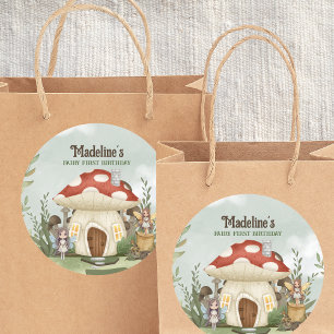 Sticker Rond Fée 1er anniversaire Champignons Forêt Animaux