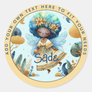 Sticker Rond Fée africaine Anniversaire Turquoise or rose princ