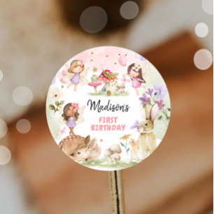 Sticker Rond Fée Anniversaire 1er Enchanted Forest Girl Floral
