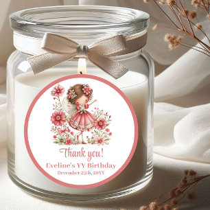 Sticker Rond Fée Capricieuse Fleurs Rose Pâle Fille Anniversair