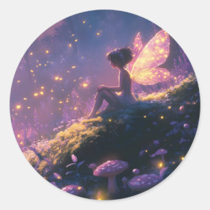 Sticker Rond Fée enchantée assise dans une forêt magique