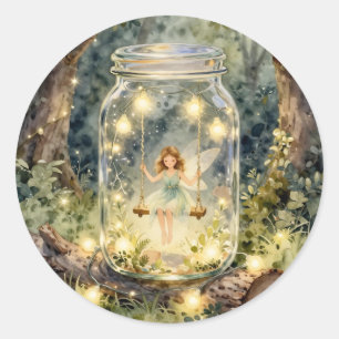 Sticker Rond Fée enchantée dans un pot Mason dans une forêt mag