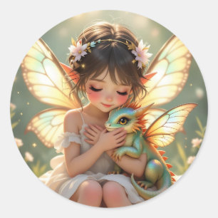 Sticker Rond Fée et Dragon Conte de fées Chibi Anime