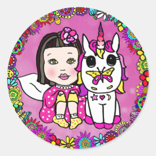 Sticker Rond Fée et licorne asiatiques magenta