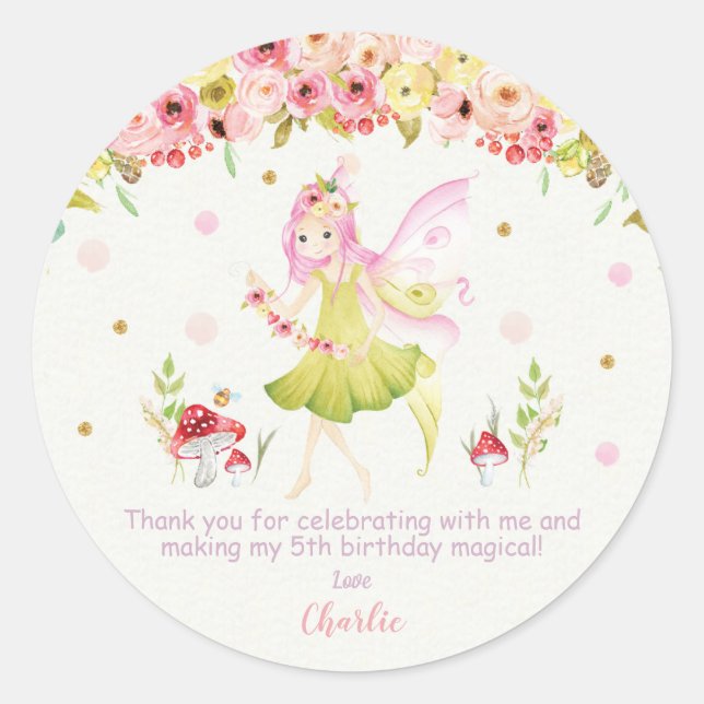 Sticker Rond Fée Florale Anniversaire Fête Favoriser Merci (Devant)