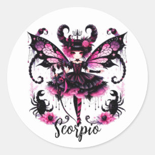 Sticker Rond Fée Gothique Rose Noir Scorpion Astrologie Zodiaqu
