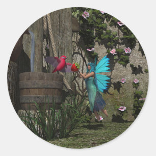 Sticker Rond Fée mignonne nourrissant un oiseau