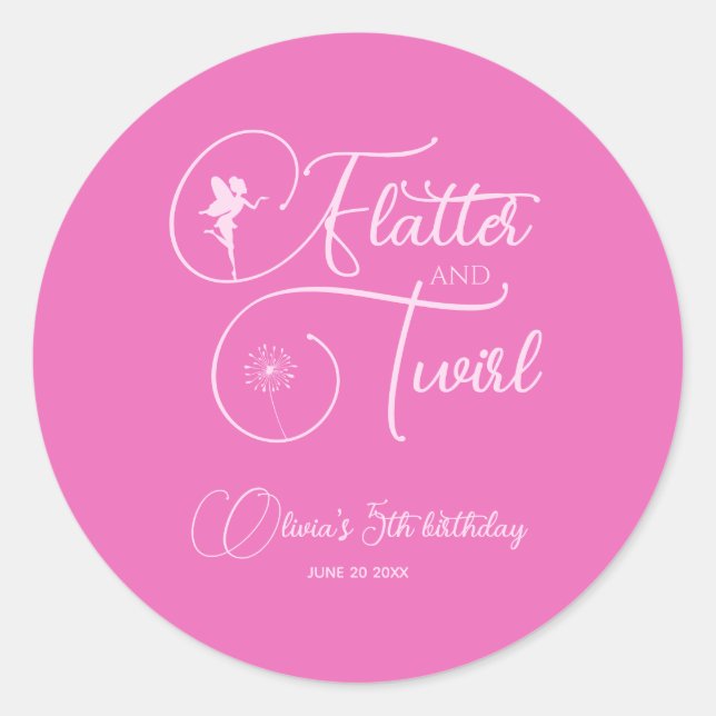 Sticker Rond Fée minimaliste simple rose fille anniversaire (Devant)