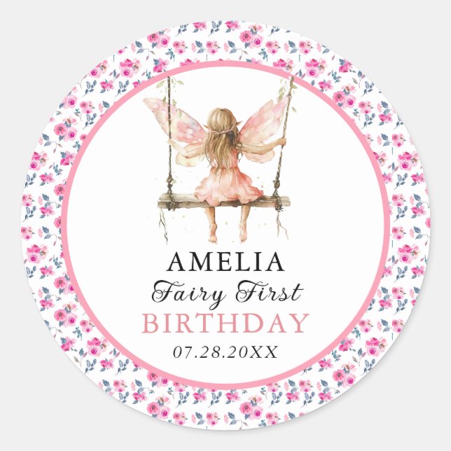 Sticker Rond Fée Première aquarelle Florale Filles 1er annivers (Devant)